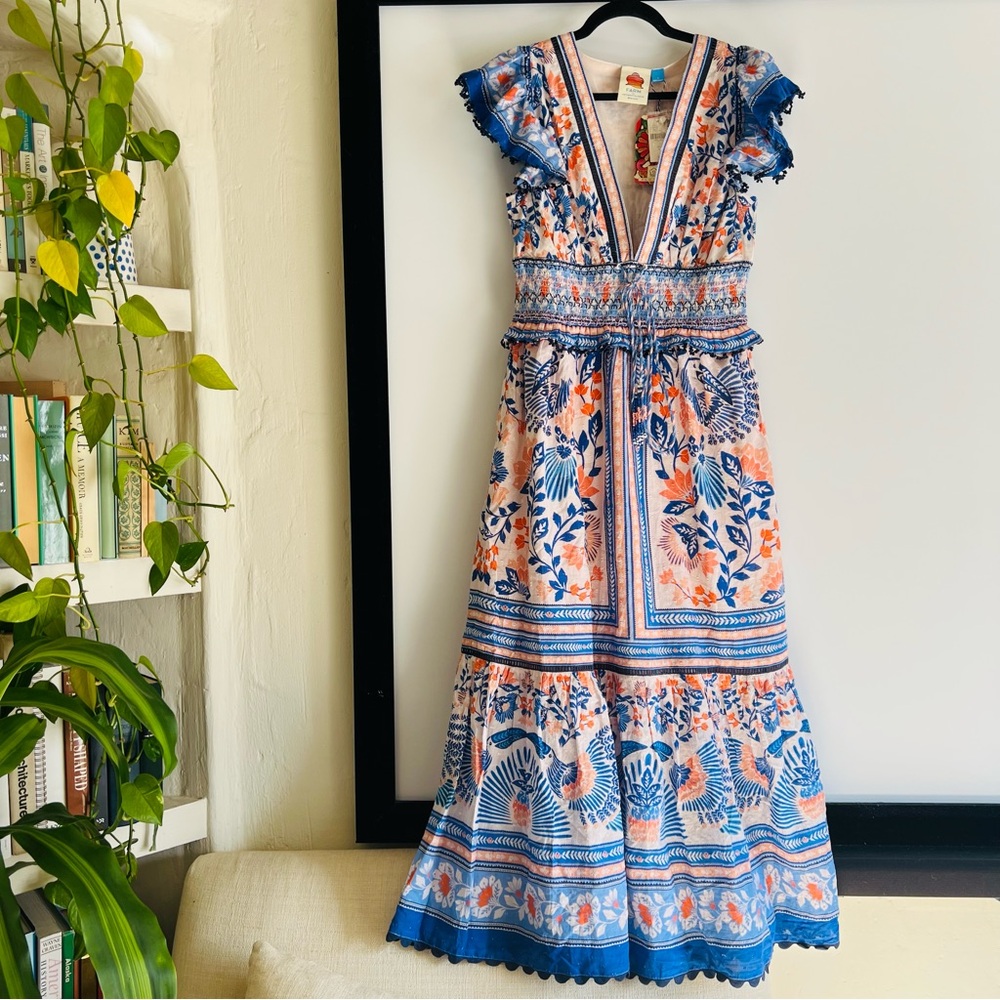 FARM Rio x Anthropologie V-Neck Maxi Dress Size Small NWT Blue Orange Bird Print - Picture 5 of 13